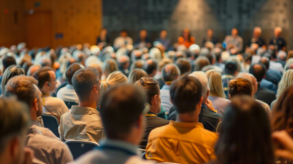 A high-resolution stock photo depicting the perspective from the back of a conference hall, rows of attentive listeners watching a speaker on stage. Ai generated