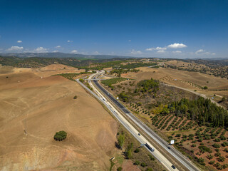 Aerial view of the A-4 highway as it passes through Las Navas de Tolosa (Jaén, Andalusia, Spain)