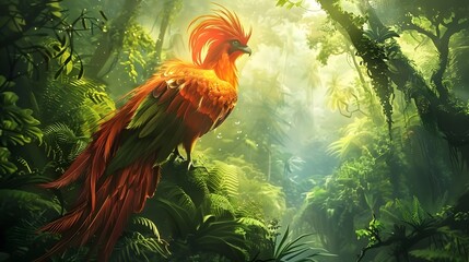 Majestic Phoenix Perched in Lush Tropical Forest Habitat