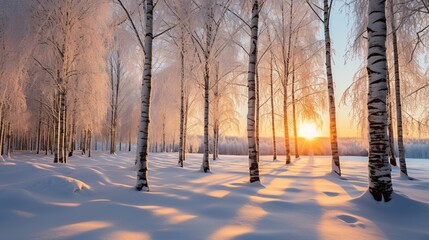 a snow covered trees and a sunset