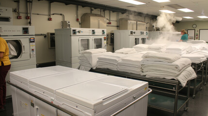 A behind-the-scenes look at a high-end hotel's laundry room, bustling with activity as large industrial washing machines and dryers handle a massive amount of bed linens and towels. The scene shows st