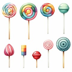Colorful lollipop in different shape and size. watercolor illustration, Perfect for nursery art. Collection of sugar candies or lollipops. Candy shop or store advertising. Sweet box or bar.