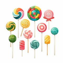 Colorful lollipop in different shape and size. watercolor illustration, Perfect for nursery art. Collection of sugar candies or lollipops. Candy shop or store advertising. Sweet box or bar.