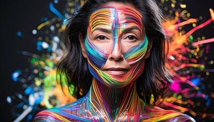 Woman's face formed by lines of colorful and bright neon lights.