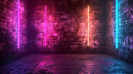 3D rendering of a dilapidated brick wall room, revived with the glow of neon lights in a spectrum of futuristic colors