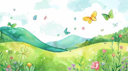 Fototapeta na wymiar Beautiful spring meadow landscape with flying butterflies