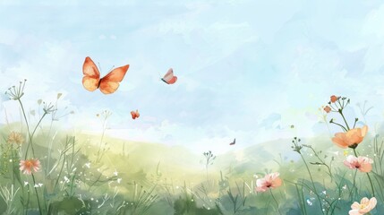 Beautiful spring meadow landscape with flying butterflies