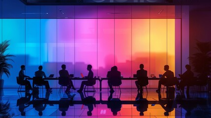 A dramatic portrait showcasing the dark outlines of individuals in a meeting, contrasted against a window glowing with vivid colors