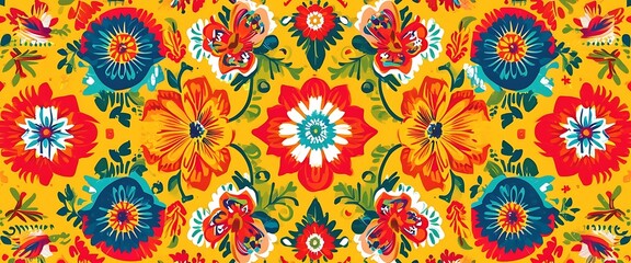 Vibrant Mexican Wallpaper: Featuring Colorful Floral Ornaments
