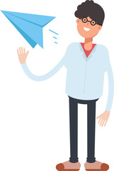 Nerd Boy Character Holding Paper Plane
