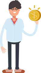 Nerd Boy Character Holding Dollar Coin
