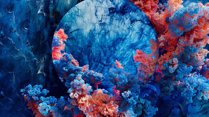 Symphony of sapphire and coral hues converge against circular canvas. - obrazy, fototapety, plakaty
