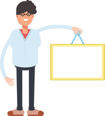 Nerd Boy Character Holding Blank Signage
