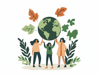 graphic illustration of a few people showing care for the earth on earth day, celebration, style...