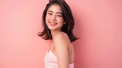 full length beauty photo of young Asian woman smile on pink background 