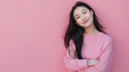 full length beauty photo of young Asian woman smile on pink background 