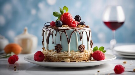 Cake decorated with fresh raspberries and blueberries on a light background, closeup