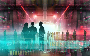 Kommunikation und Brainstorming in der Zukunft Workspace - Futuristischer Tunnel mit Lichtern - Analyse von Daten Digital und Informationen - Körper - Abstrakte Illustration Collage
