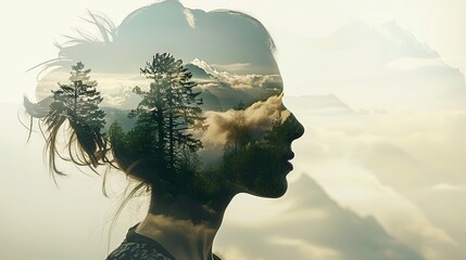 Double exposure portrait of woman blended with nature, forest trees form face, creative art of beauty and tranquility