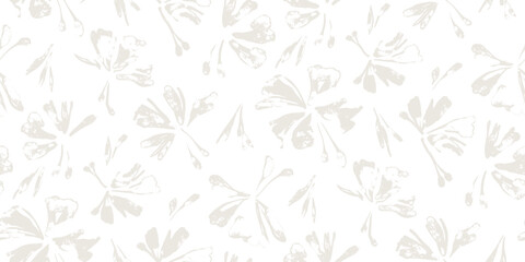 Elegant abstract floral seamless pattern - flowers. Repeating print with delicate petals and leaves. Simple minimalism. Solid beige color.