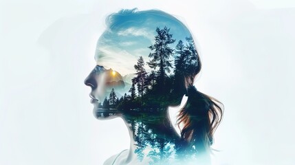 Double exposure portrait of woman blended with nature, forest trees form face, creative art of...