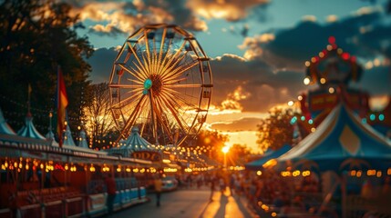 Vibrant Sunset Glow over Festive Amusement Park with Ferris Wheel. Generative ai