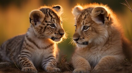 two baby tigers looking at each other
