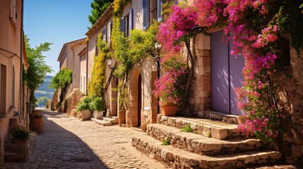 a stone street with a stone building with purple doors and flowers