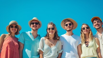 grouple people, men and women, friendship, summer style, blue background, standing, real photo, head shot
