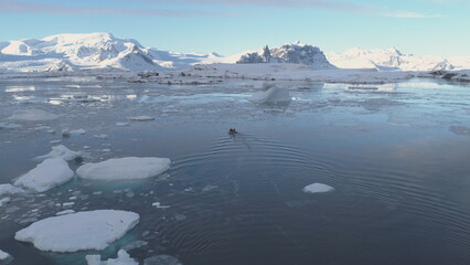 Zodiac Motor Boat in Icebergs, Following Aerial View. Expedition Rubber Transport Exploring Extreme...