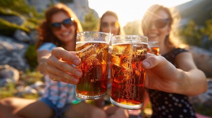 Friends Toasting with Glasses of Cola Outdoors in Summer Sunlight. Generative ai