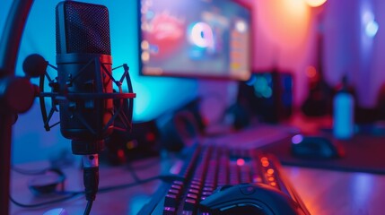 Modern Streaming Setup with Microphone in a Vibrant Gaming Room. Generative ai
