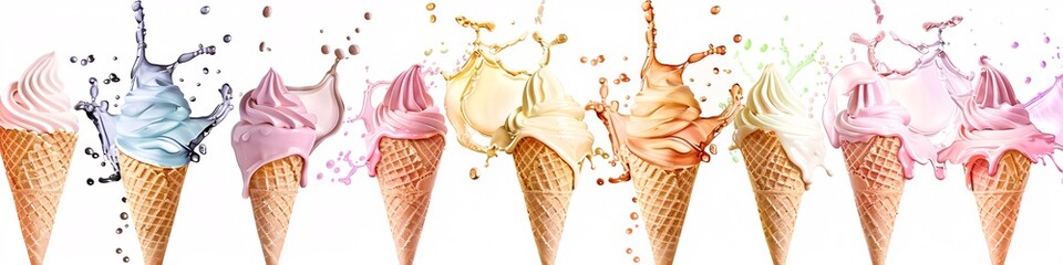 a group of ice cream cones with liquid splashing