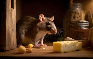A rat eats cheese in a pantry. Illustration with the rodent.	