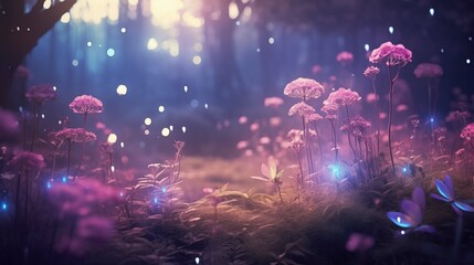 Fototapeta na wymiar Magical forest wildflowers with soft purple haze ai generated illustration