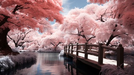 a bridge over water with pink trees