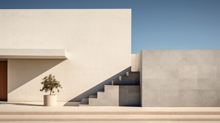 a white building with stairs and a potted plant
