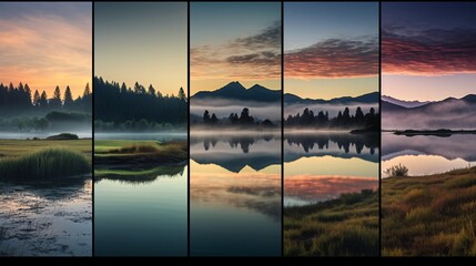 a collage of different views of a lake and mountains