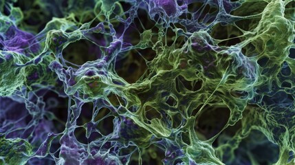 An intricately detailed image of bacterial biofilm showing a tangled web of cells and extracellular material in various shades of - obrazy, fototapety, plakaty