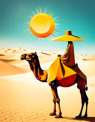 A person with a large sun hat rides a camel in the desert