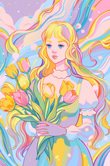 Whimsical Woman with Bouquet in Pastel Dreamscape