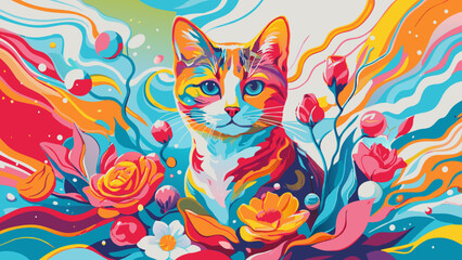 Vibrant Pop Art Style Colorful Cat with Abstract Floral Design