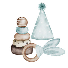 Baby Toys. Watercolor hand drawing isolated on white background. Clip art composition of children's things: a pyramid, a rattle and a festive cap. For design of cards and invitations for baby shower