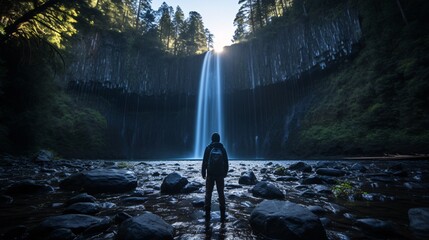 a person standing in front of a waterfall - Powered by Adobe