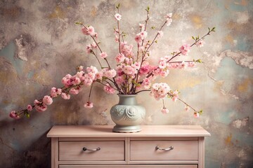 A beautiful branch of pink sakura in a glass vase and vials on an antique wooden chest of drawers. A bouquet of flowers in a vase in a home interior. Light, beige, pink floral background.