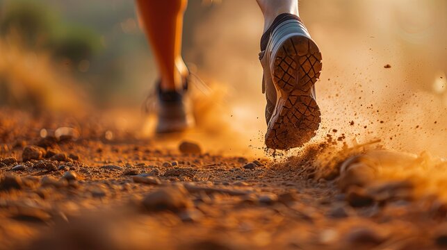 Trail runner sport shoes swiftly Running on a dusty Trail, showing determination and speed 