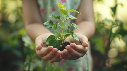A young girl holds a small plant in her hands