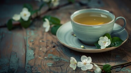 A cup of tea is sitting on a wooden table with a flower on the saucer
