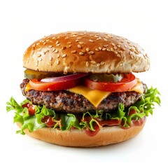 A hamburger with lettuce, tomato, and onions on top of a bun