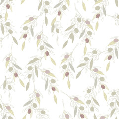 Elegant olive branches and fruits seamless pattern, continuous line drawing. Hand drawn floral background, vector illustration.